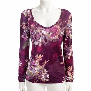 Karen Kane Sheer Top Size Large
Purple Print with Deep Scoop Neck & Puff Sleeves